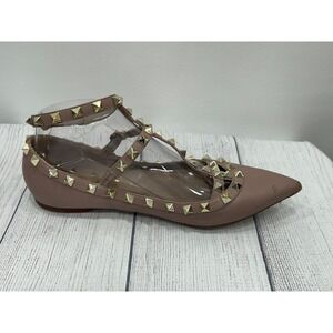 Kaitlyn Pan Studded Flats Womens 7.5 Tan Pointed Toe Ankle Strap Business Casual